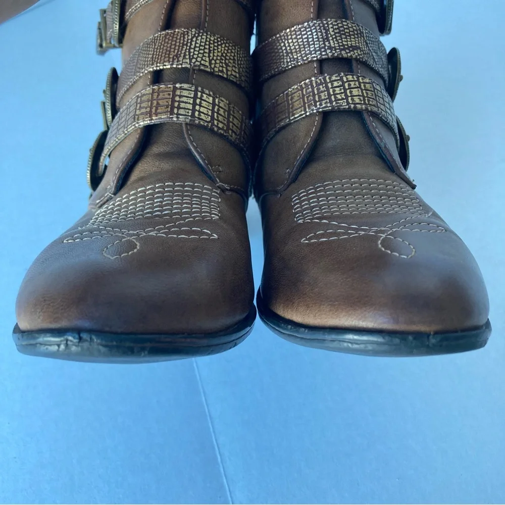 Corkys Bombshell Triple Buckle‎ Ankle Boots Brown Gold Metallic Snakeskin 7